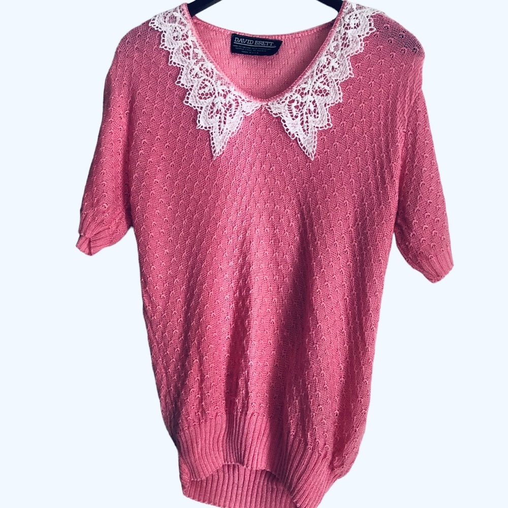 Vintage Barbiecore David Brett Pink Short Sleeve Sweater Lace Collar Size M